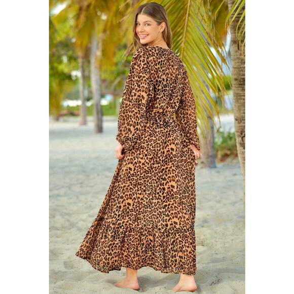 Cassia Leopard Kimono Beach Cover Up Sheer White Tie Waist Open Front Large - Picture 2 of 13